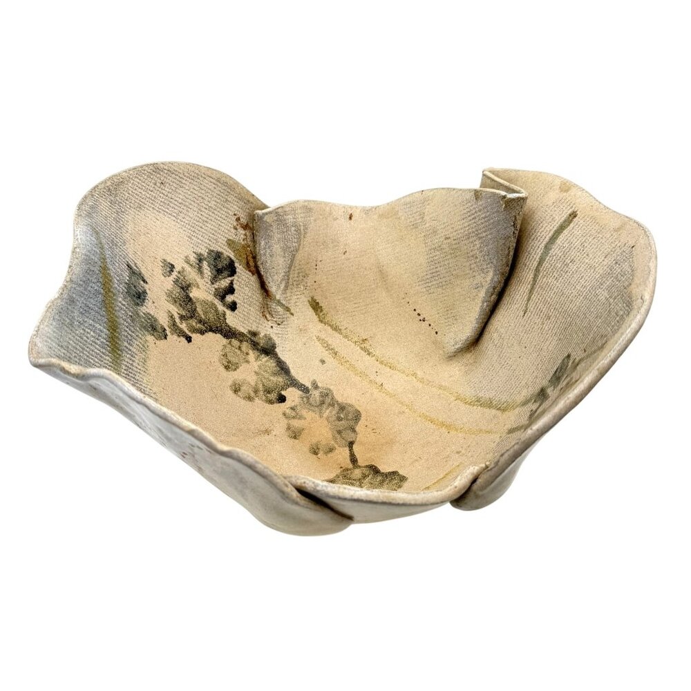 Folded Clay Bowl Studio Pottery Signed by Artist with Painted Florals 6"H X 11"